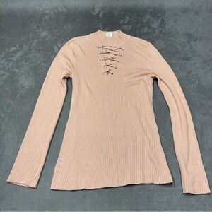 Planet Gold Ribbed Lace Up Long Sleeve Top blouse shirt Dusty Rose women’s Xl